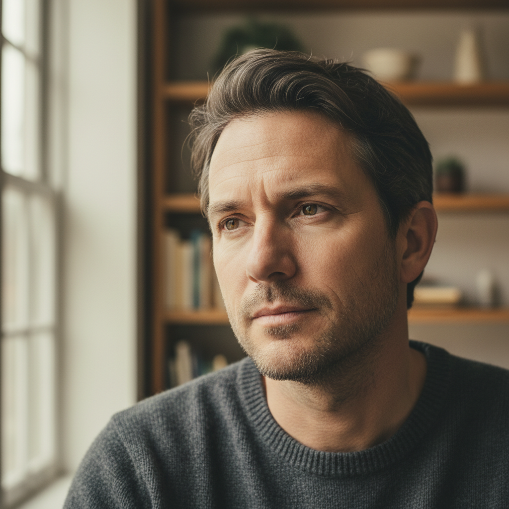 Man with thoughtful expression, listening intently