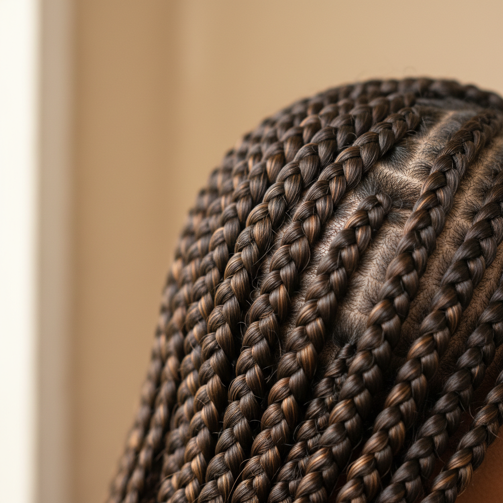 Close-up of neat knotless braids on a client, dark background, salon lighting