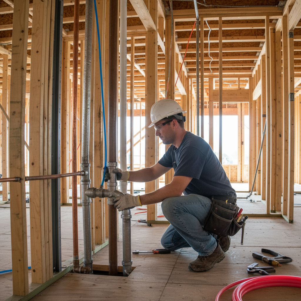 Construction site with plumber installing rough-in plumbing on new building frame