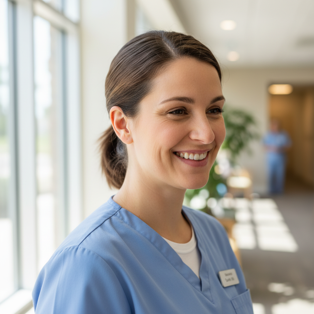 Young woman smiling warmly in a well-lit environment, natural and approachable expression