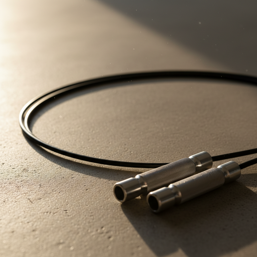 Speed rope with aluminum handles on concrete floor, speed rope in perfect arc, dawn lighting