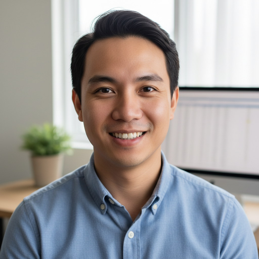 Filipino businessman in polo shirt with approachable smile, office background