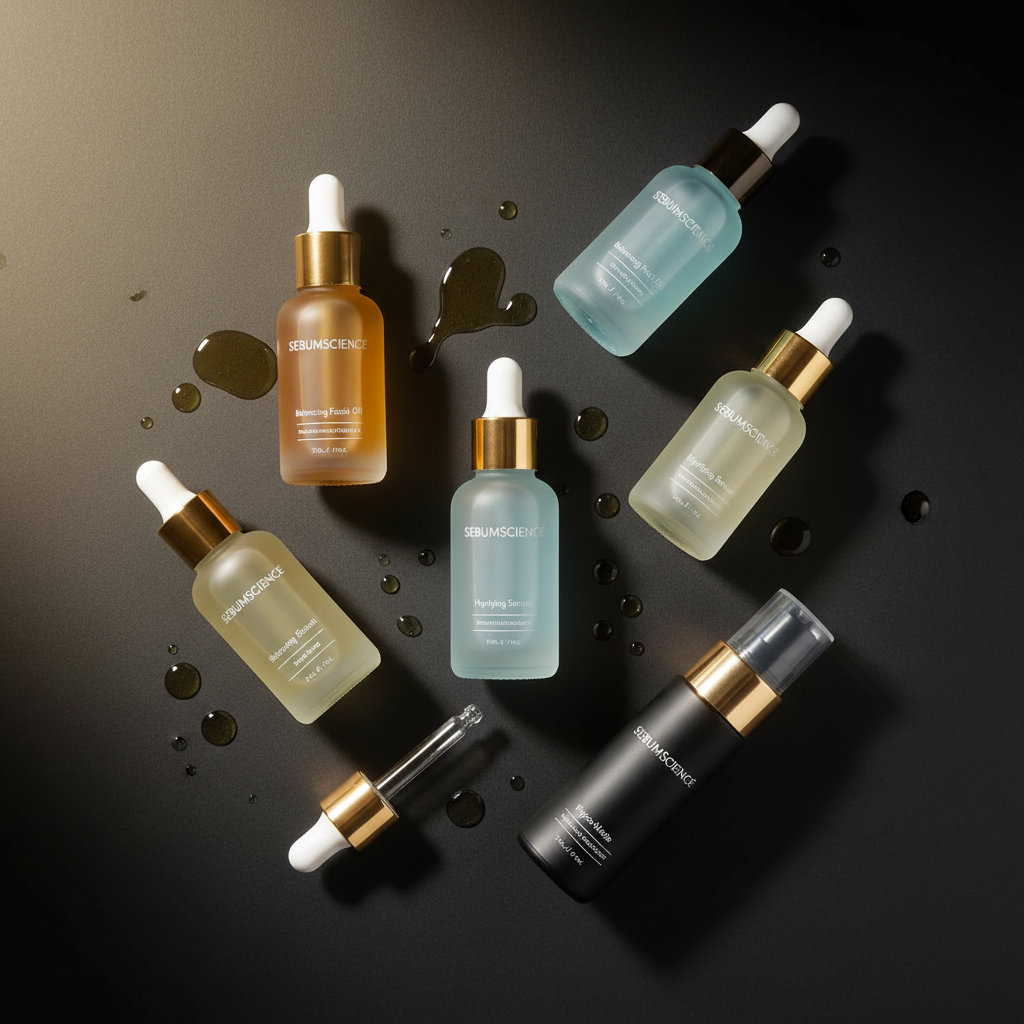 Elegant skincare essence bottle on dark surface, warm gold lighting, luxury editorial photography