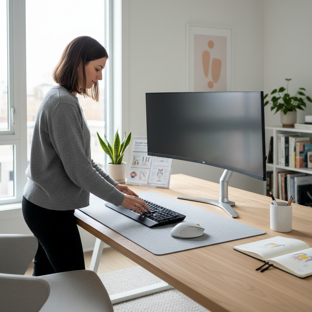 Clean home office workstation after ergonomic assessment with monitor at proper eye level and keyboard correctly positioned