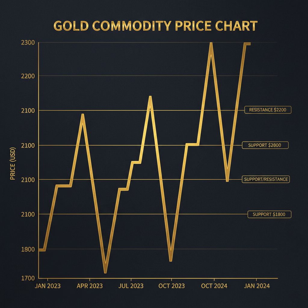 Gold price chart showing upward momentum on candlestick chart, dark analytical screen background