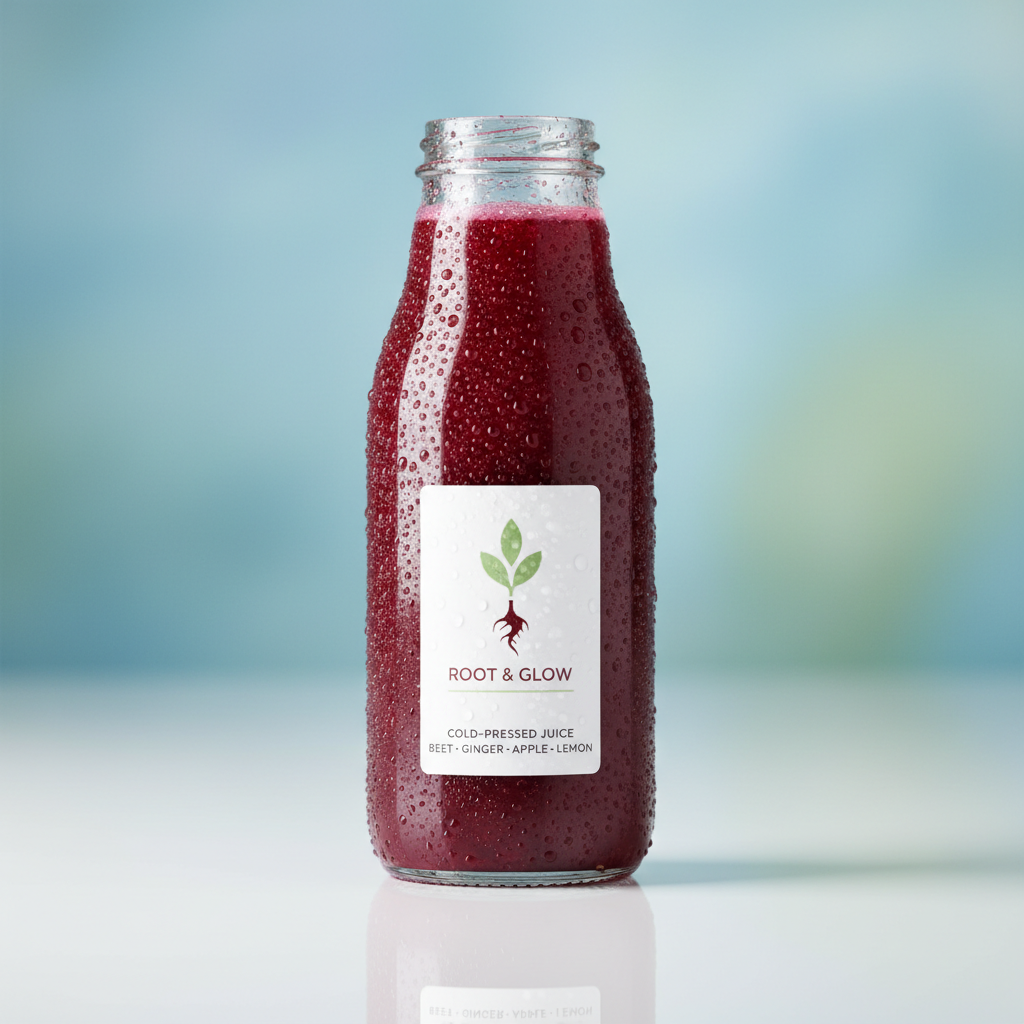 Deep red beetroot hibiscus arjuna shot in small glass bottle with fresh beetroot slice and garlic cloves on dark surface