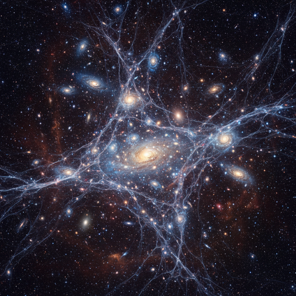 Deep space photograph showing galaxy clusters and dark matter filaments