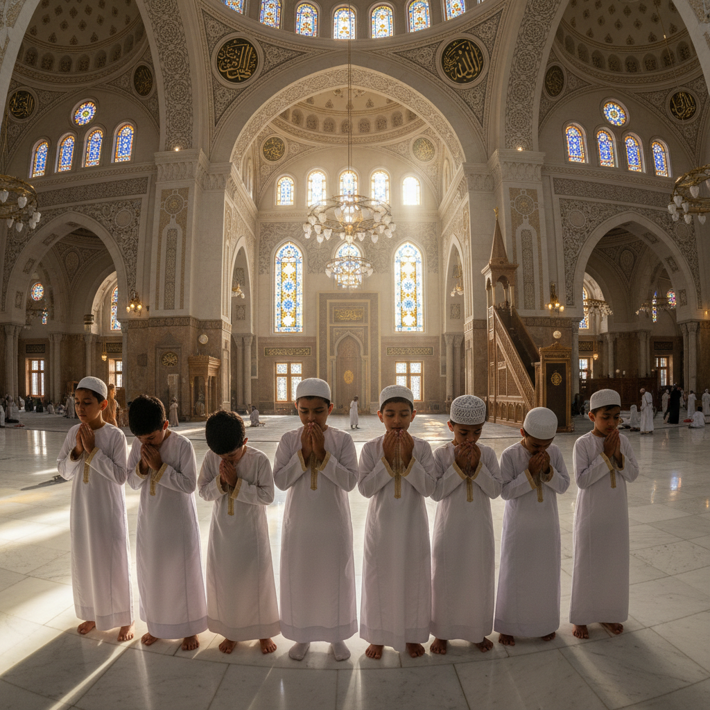 Children in traditional thobes at mosque