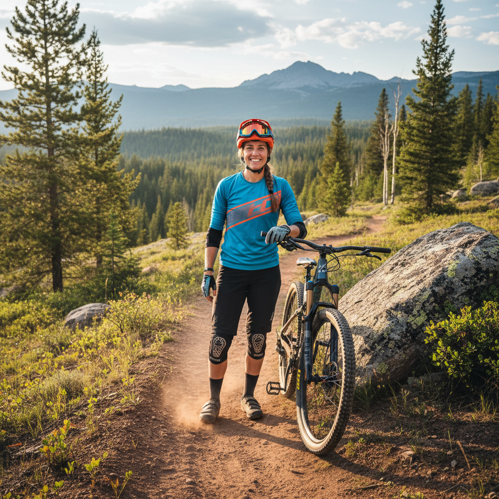 Female mountain bike coach Priya Nair smiling on dusty trail