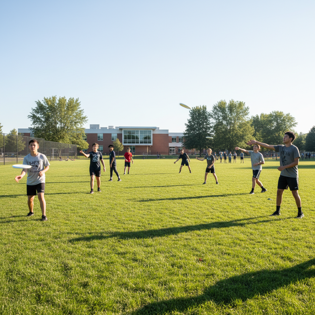 High school students learning ultimate frisbee throwing techniques from a coach on a school field