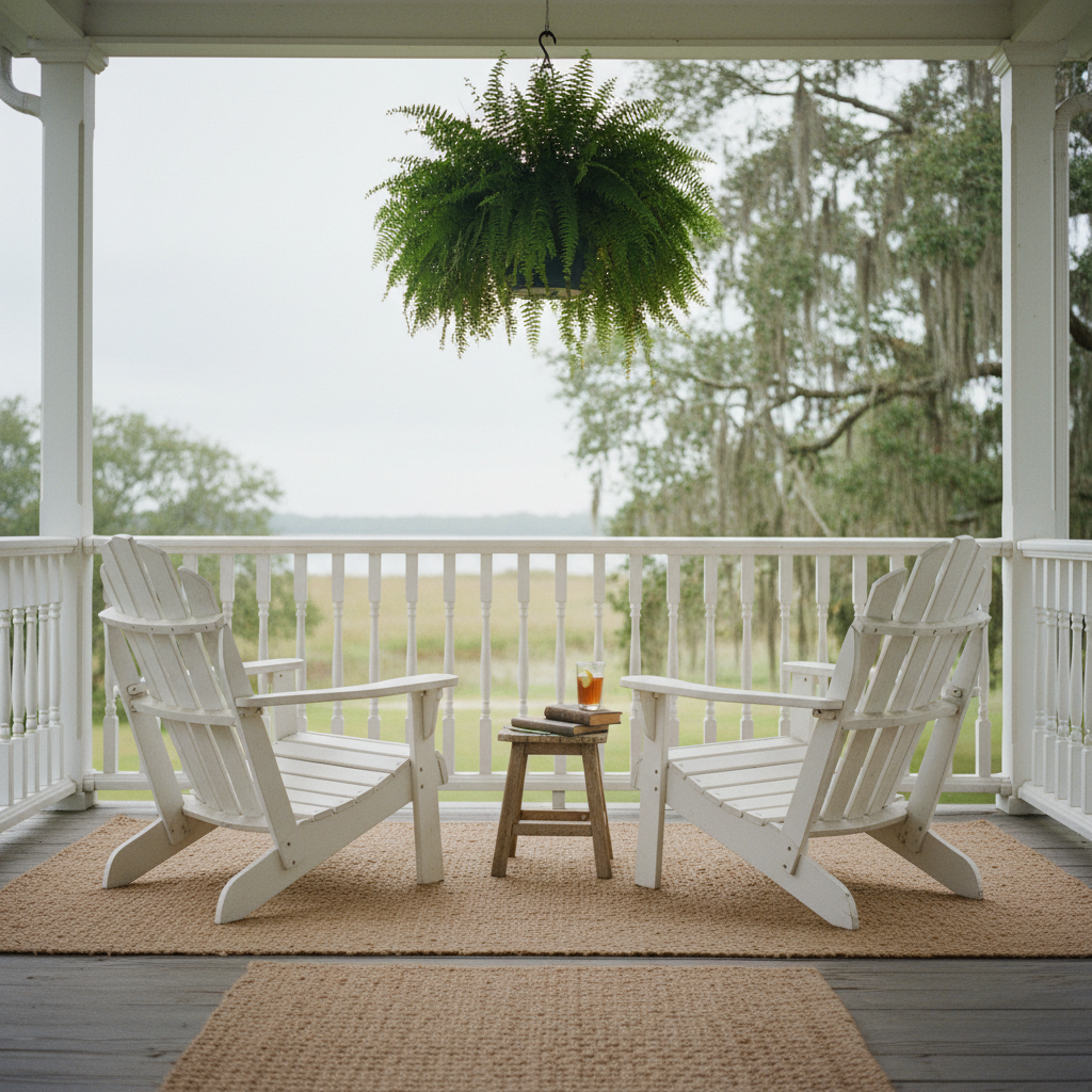 Deep Southern porch with Adirondack chairs, hanging fern bracket, and jute runner under overcast sky