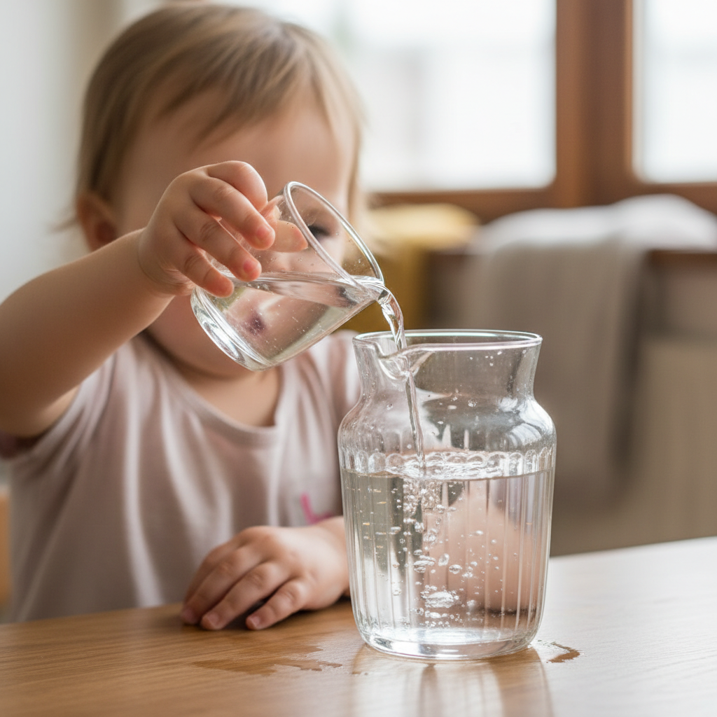 Toddler carefully pouring water from a small pitcher into a glass, practicing practical life skills on a low wooden table