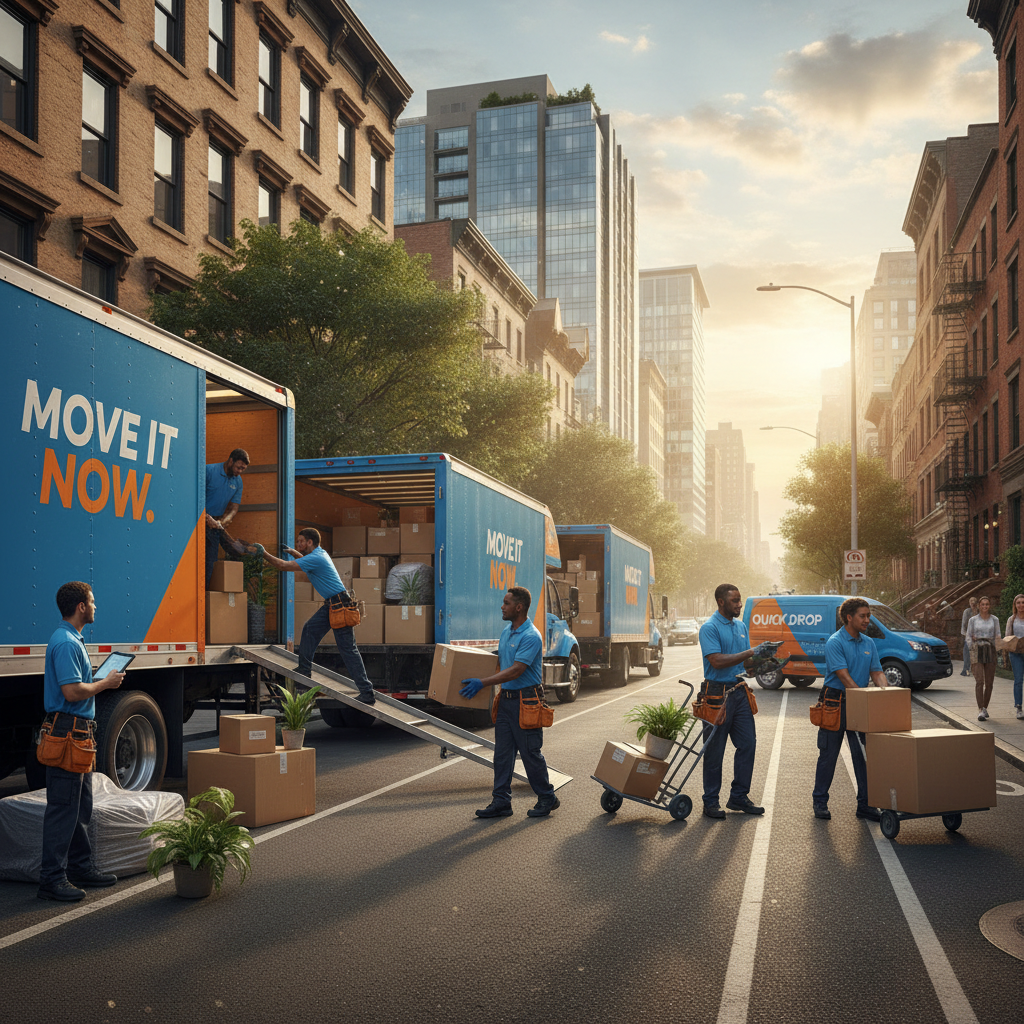 Professional movers carefully loading furniture into a large truck in a residential area, overcast sky, muted tones