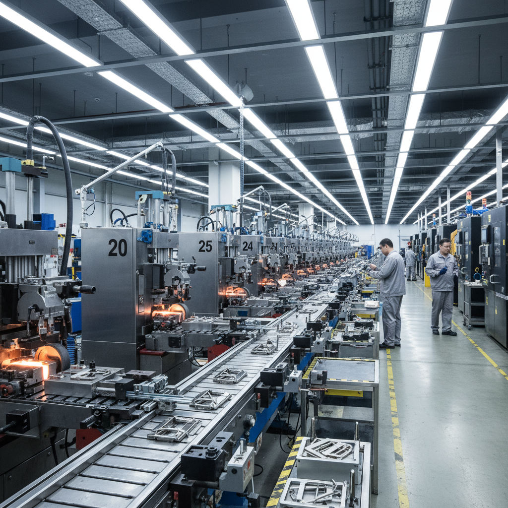 Heavy industrial machinery assembly line in modern factory, dramatic overhead lighting, dark steel environment, workers in safety gear