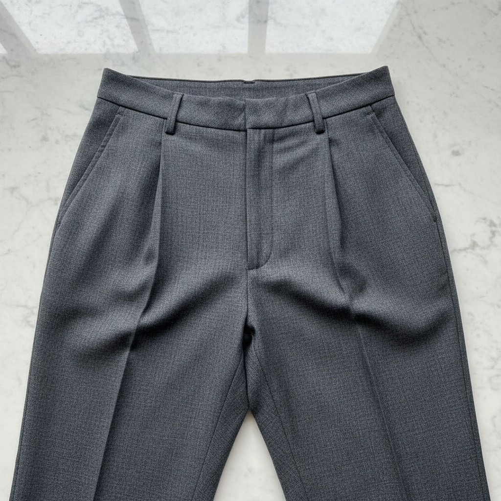 Tailored charcoal trousers laid flat on a white surface, clean geometric composition, overhead studio light