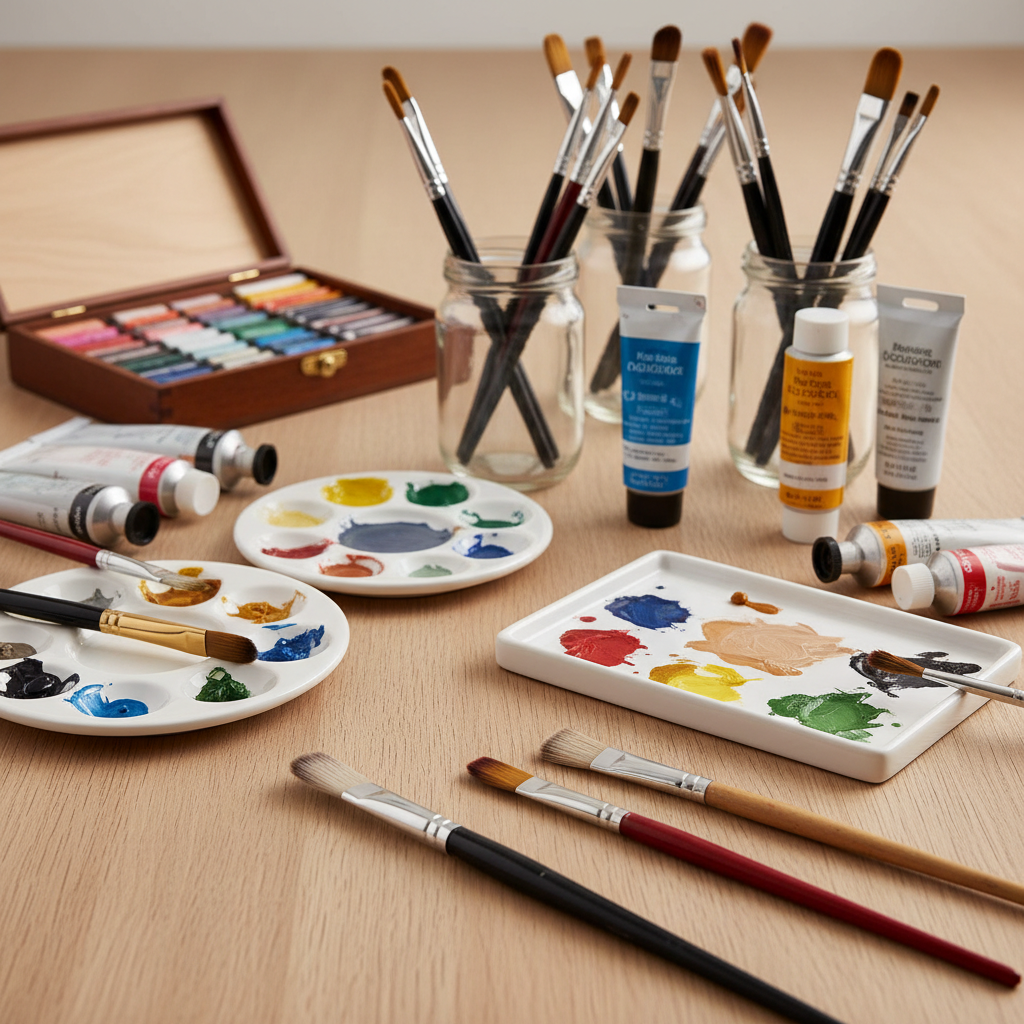 Colorful art supplies including paint tubes and brushes on wooden table