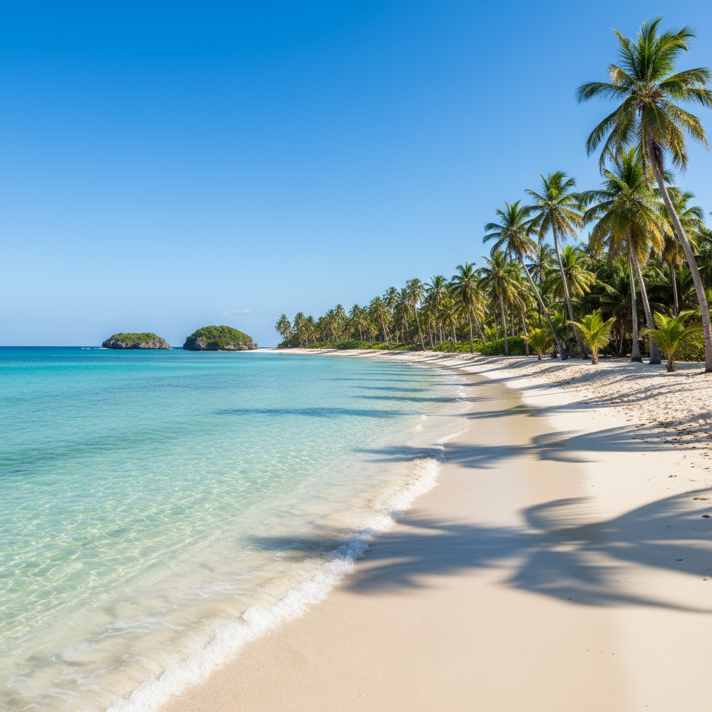 Pristine white sand Caribbean beach with turquoise water and swaying palm trees
