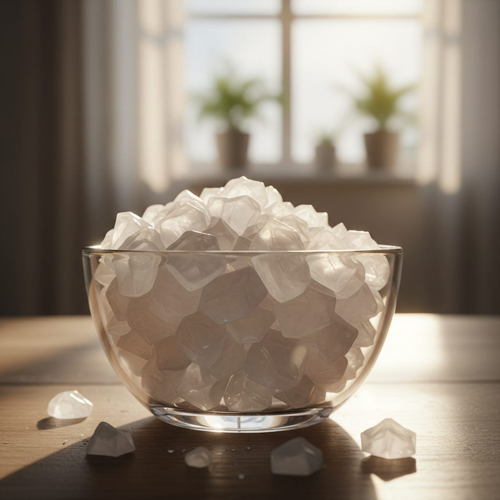 White crystalline magnesium flakes in glass bowl catching afternoon light