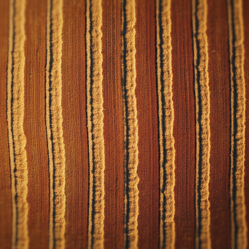 Aerial view of striped wheat stubble fields at golden hour, shot straight down like a textile swatch
