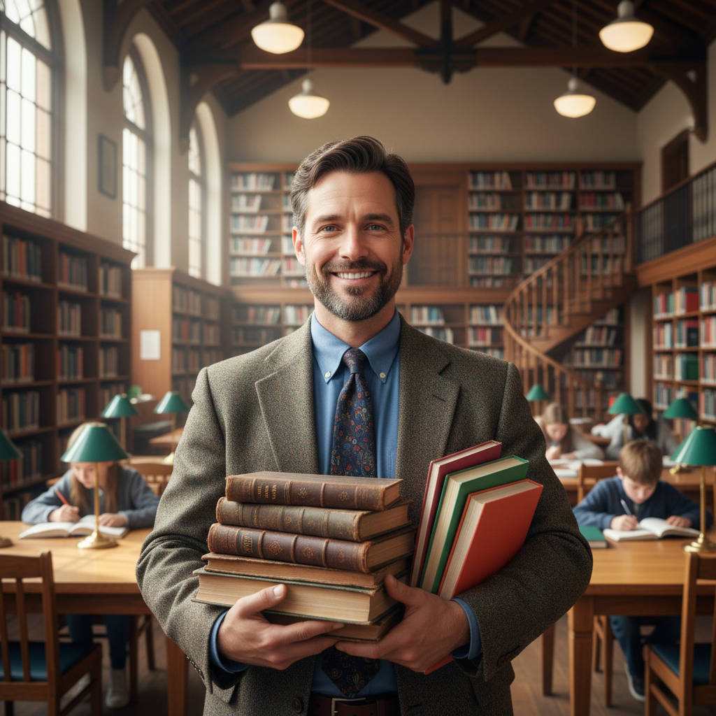 Male teacher holding books in school library