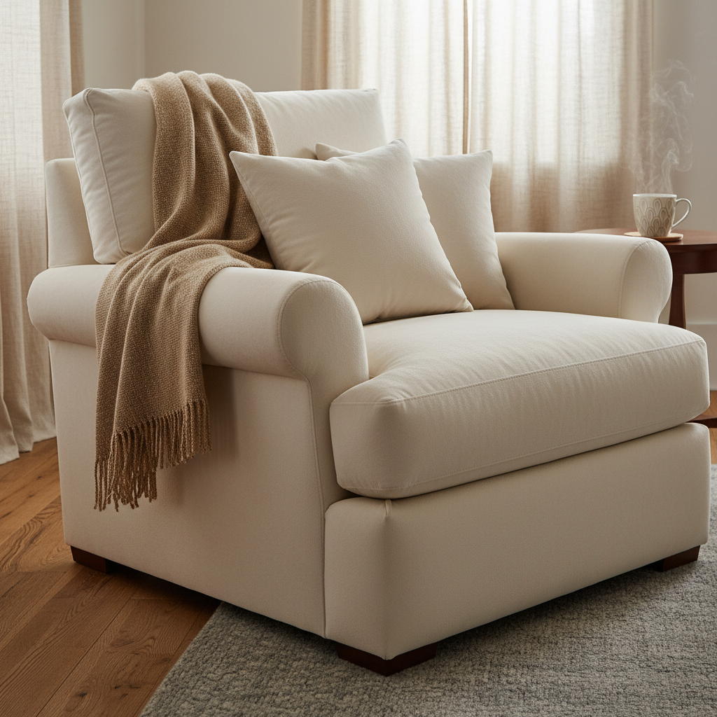 Chunky cream knit blanket styled on sofa with throw pillows, cozy living room