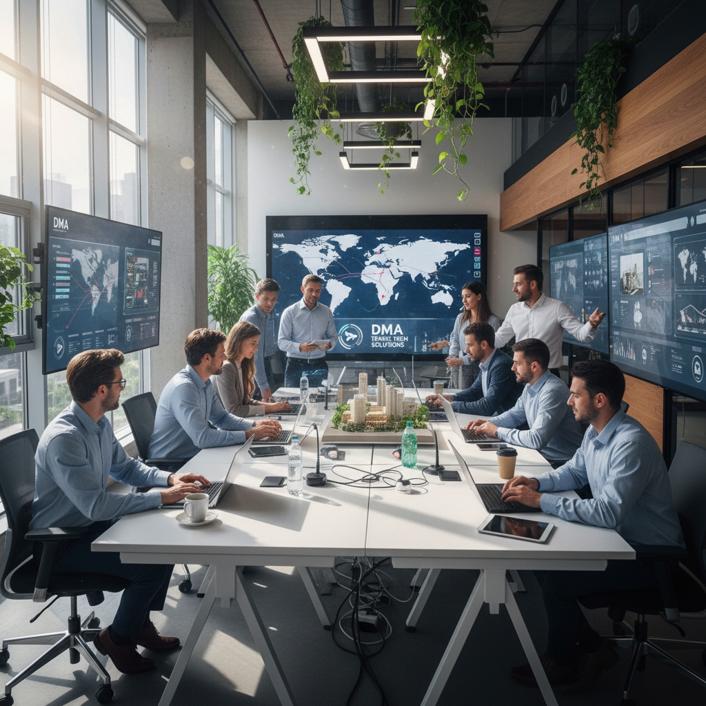 Team of professionals collaborating on a project in a bright modern office, laptops and notebooks, supportive team environment