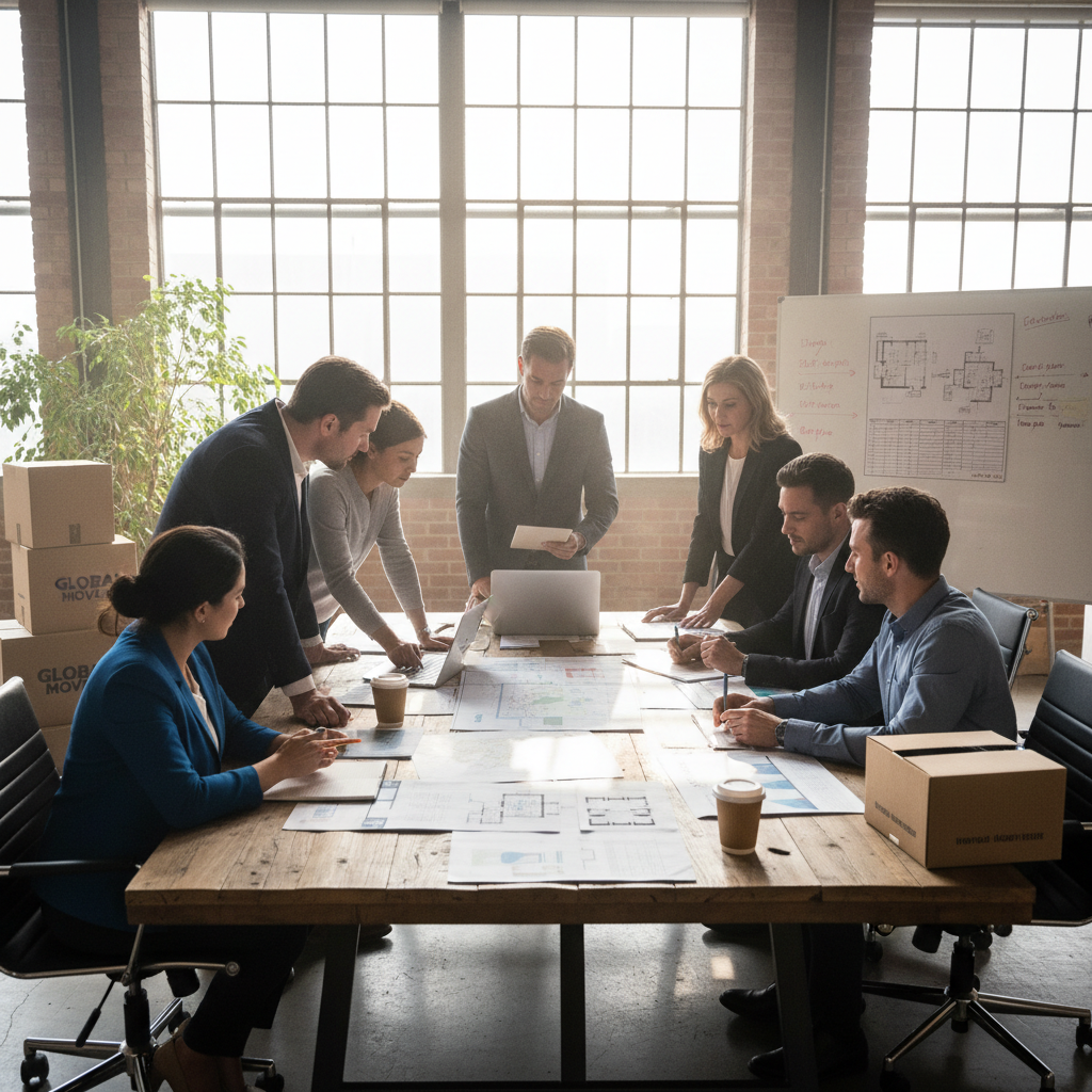 Production coordination team reviewing manufacturing schedules and logistics planning in a modern office