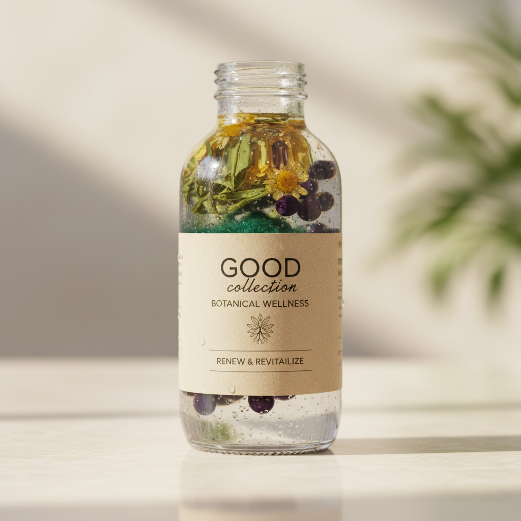 Calm supplement with serene botanical setting and soft diffused light conveying tranquillity