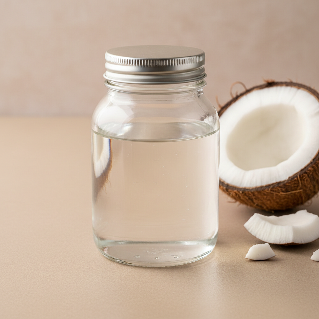 Organic coconut oil in clear glass jar surrounded by fresh coconuts on a bright white background