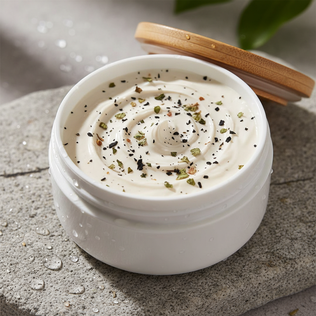Cream clay mask in terracotta pot with dried thyme sprigs and white kaolin powder on natural stone surface, earthy Mediterranean tones