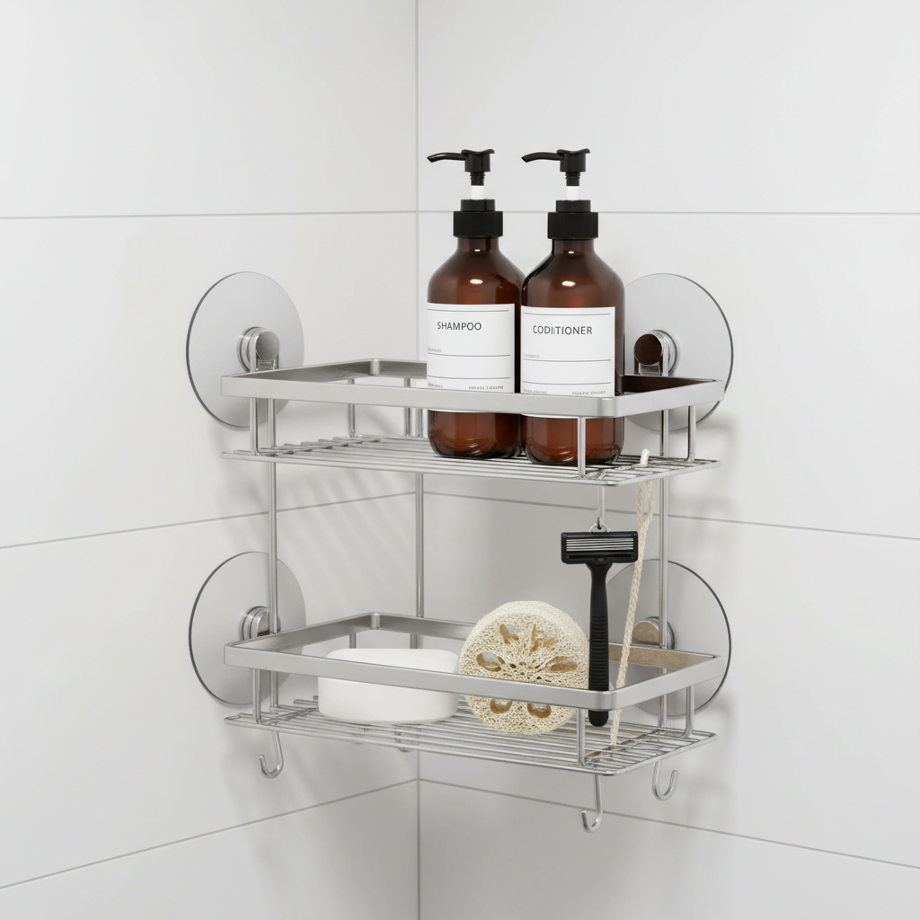 Chrome shower caddy organiser with toiletries, clean white bathroom