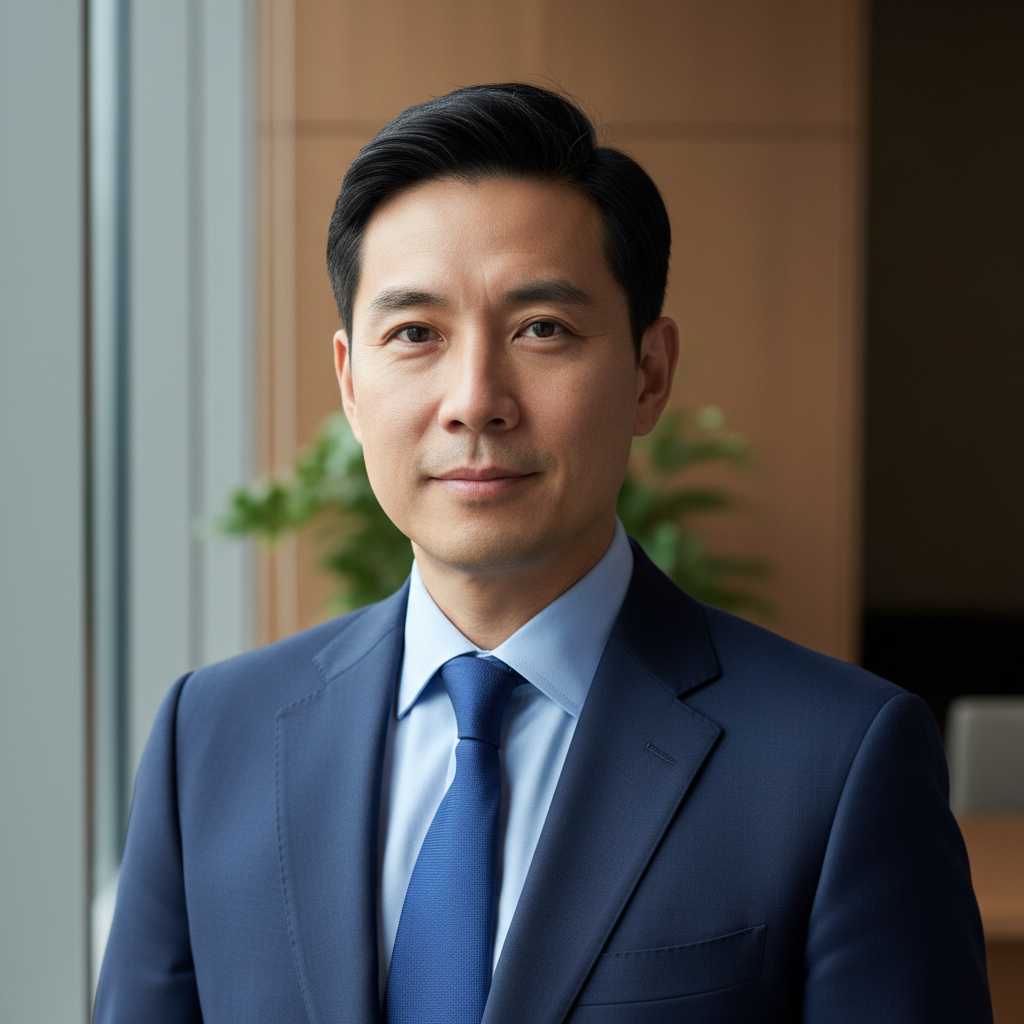 Asian man with glasses in black suit looking confident