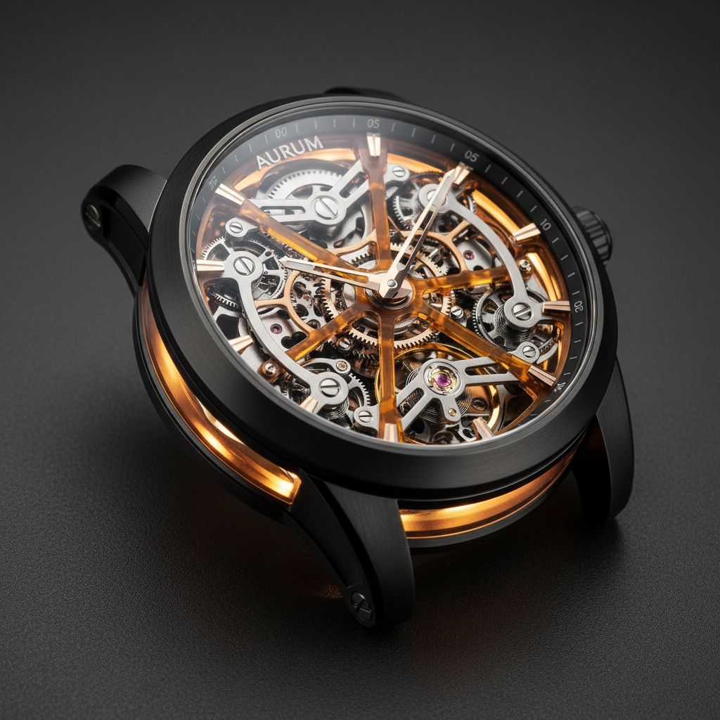 Skeletonized watch fully open movement visible black bridges