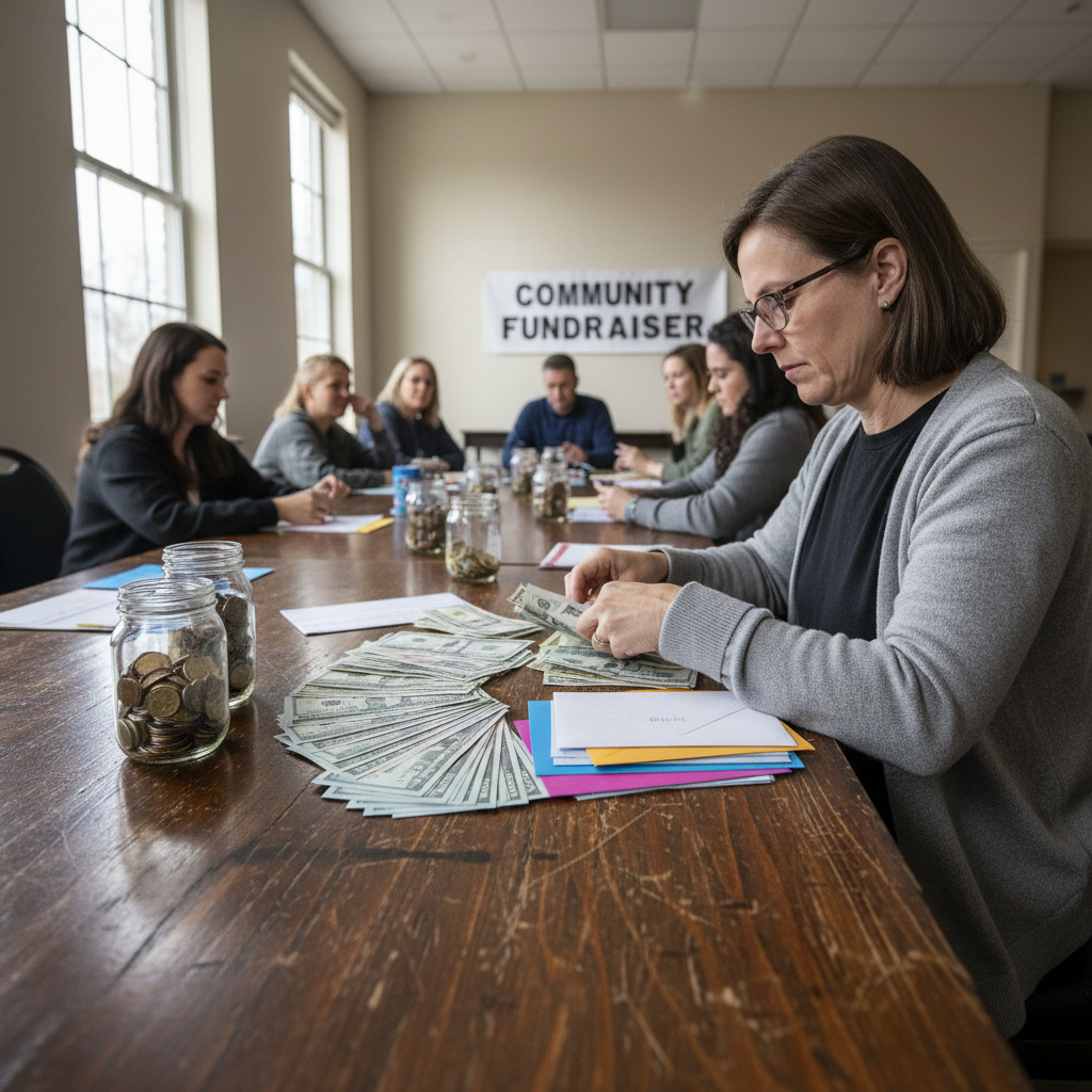 PTA treasurer counting donations at community meeting table