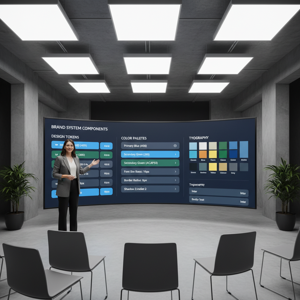 Priya Nambiar, UI design lead, presenting brand system components on large screen with design tokens visible