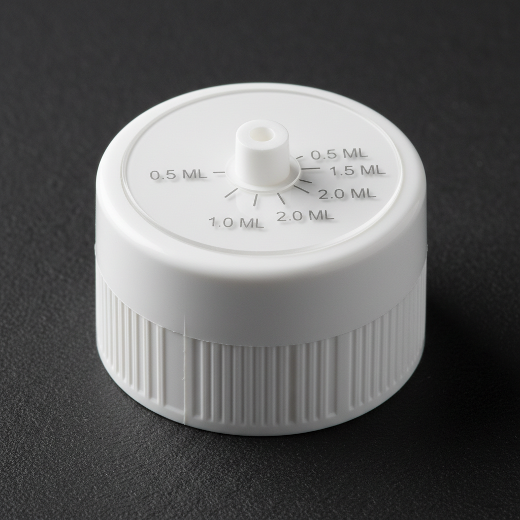 Close-up of precision injection-molded white pump cap with measurement overlay on dark surface