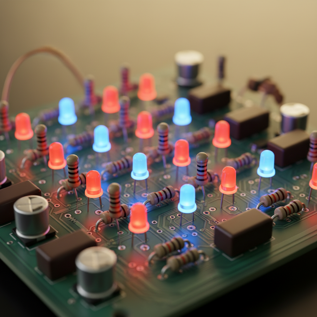 Circuit board close-up with blue and green LED highlights showing technical precision
