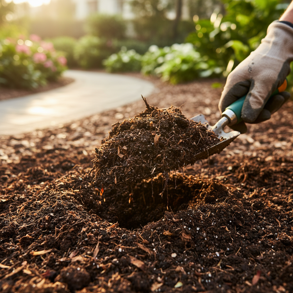 Close-up of rich dark soil being turned and amended in a hotel landscape bed, morning light