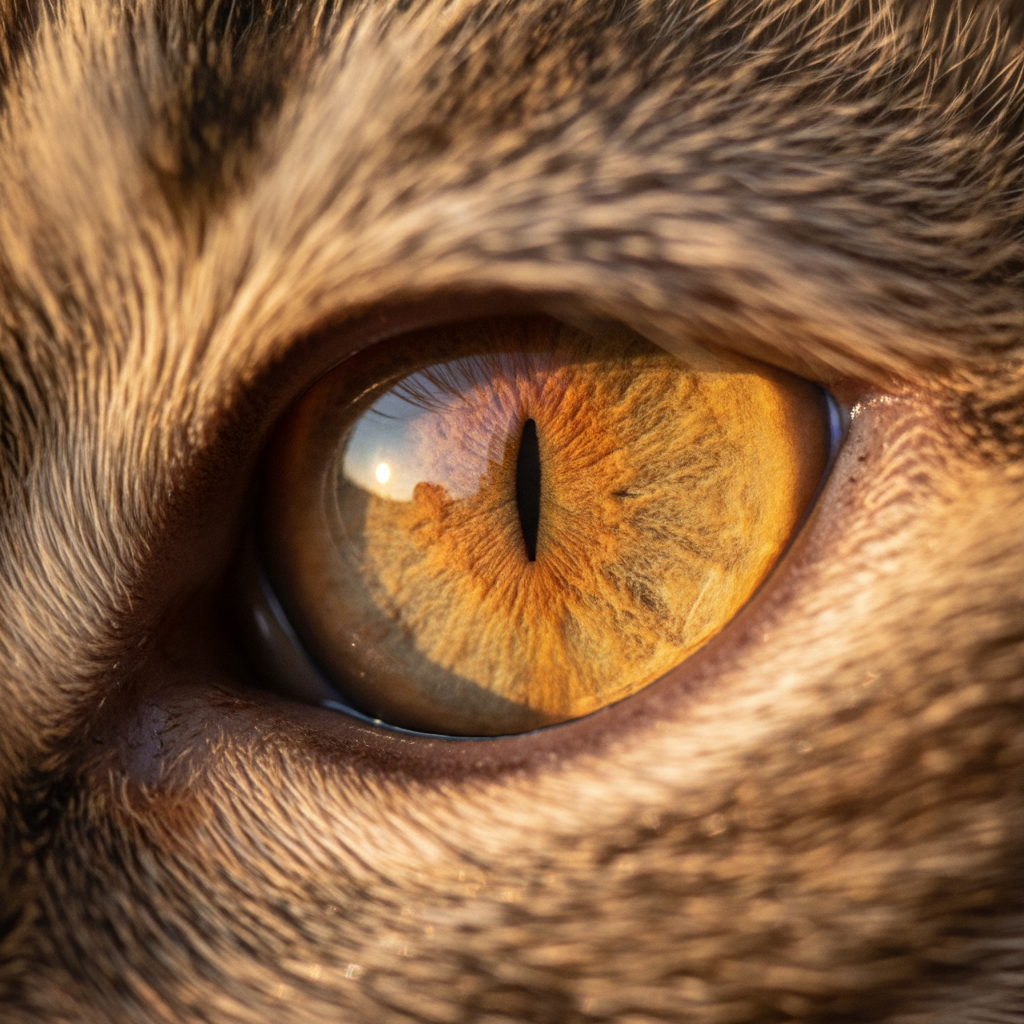 Close-up of Miso's amber eye showing fractal iris patterns in afternoon light