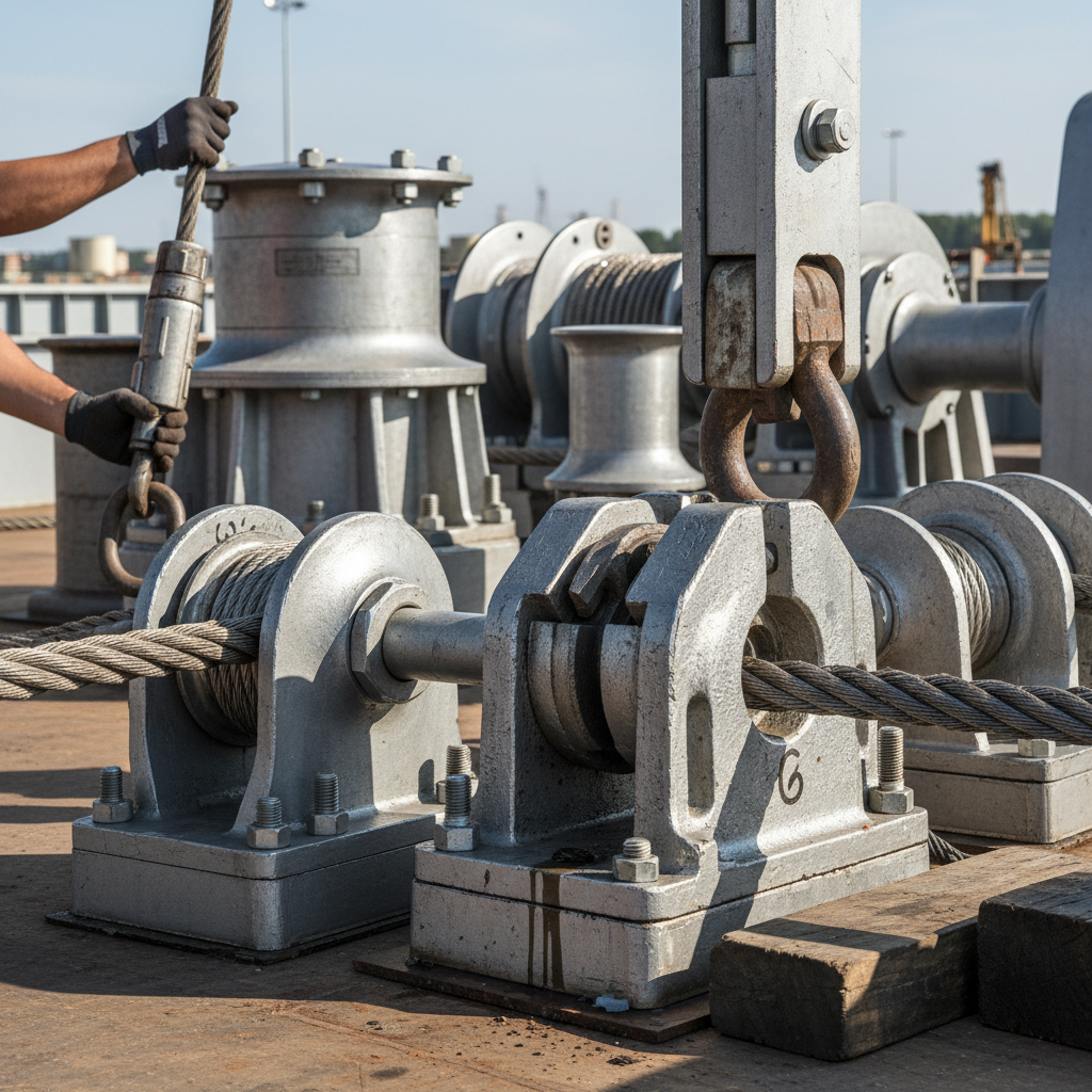 Close-up of industrial marine hardware and deck equipment being installed on a barge deck