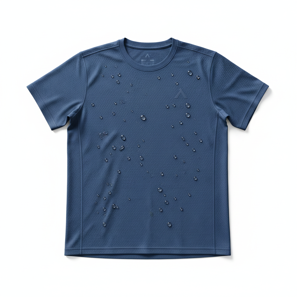 Athletic model in dark navy moisture-wicking polo shirt on sports court