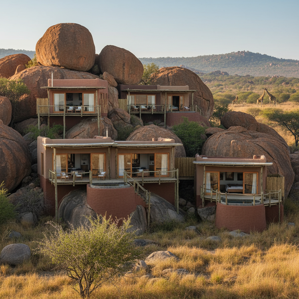 Safari lodge chalets built into ancient granite boulders in Matobo Hills