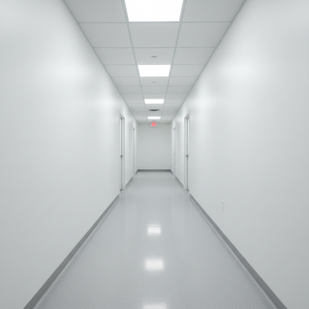 Medical office corridor with dim blue-toned lighting, dark clinical atmosphere, minimal hallway