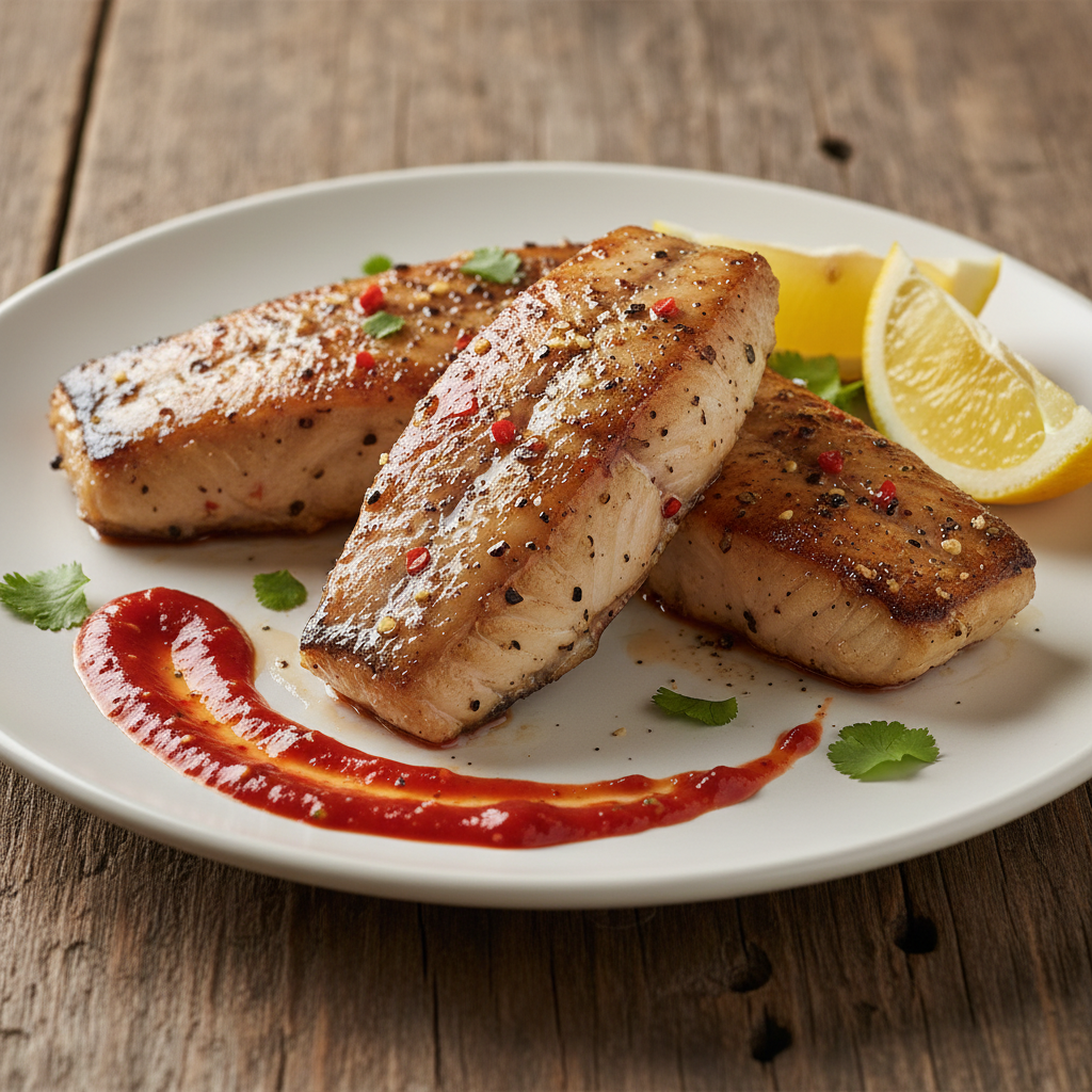 Pepper-vinegar catfish fillets on a plate with hot sauce and lemon