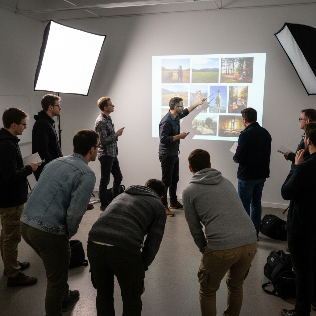 Photographer reviewing images on camera screen, documentary photography workshop setting