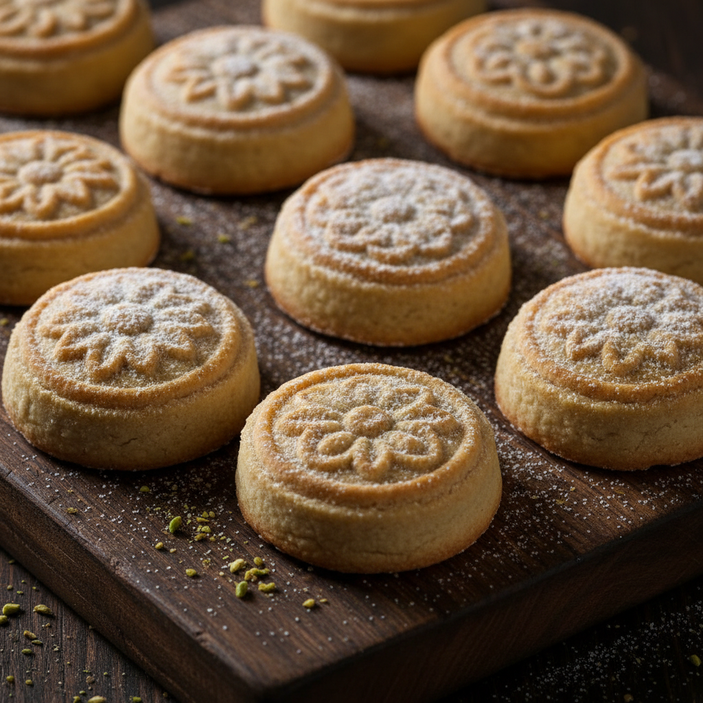 Maamoul Syrian date cookies with powdered sugar on dark wooden surface, warm dim lighting