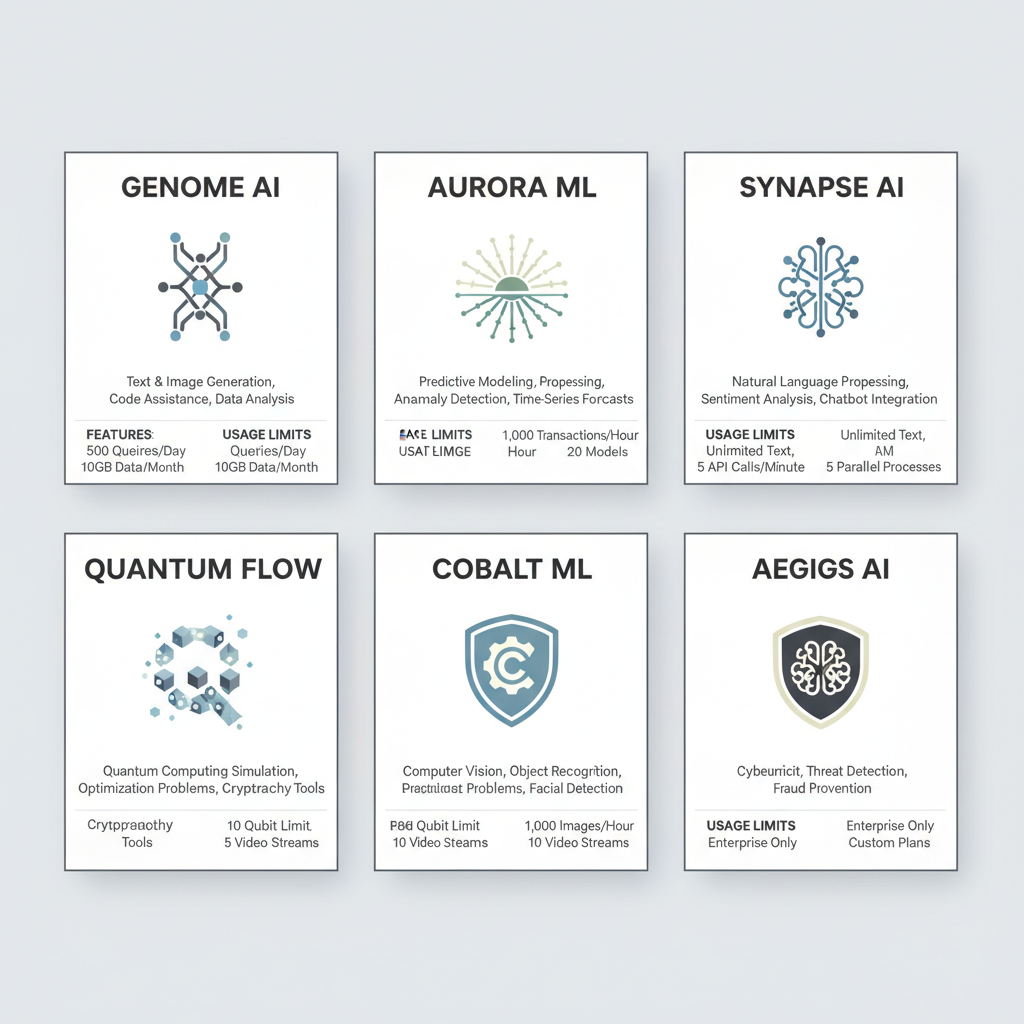 Collection of free AI tool logos with feature comparison and usage limits