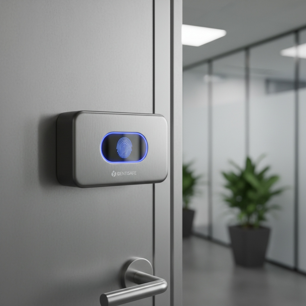 Sleek biometric fingerprint reader mounted on wall beside door, dark device, dim corridor lighting