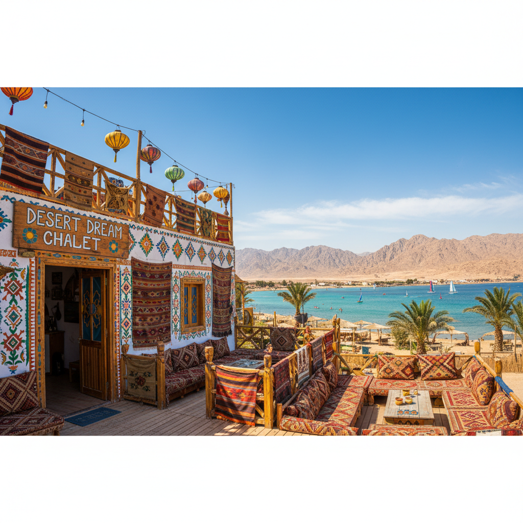 Colorful bohemian chalet with terrace overlooking Dahab bay and mountains