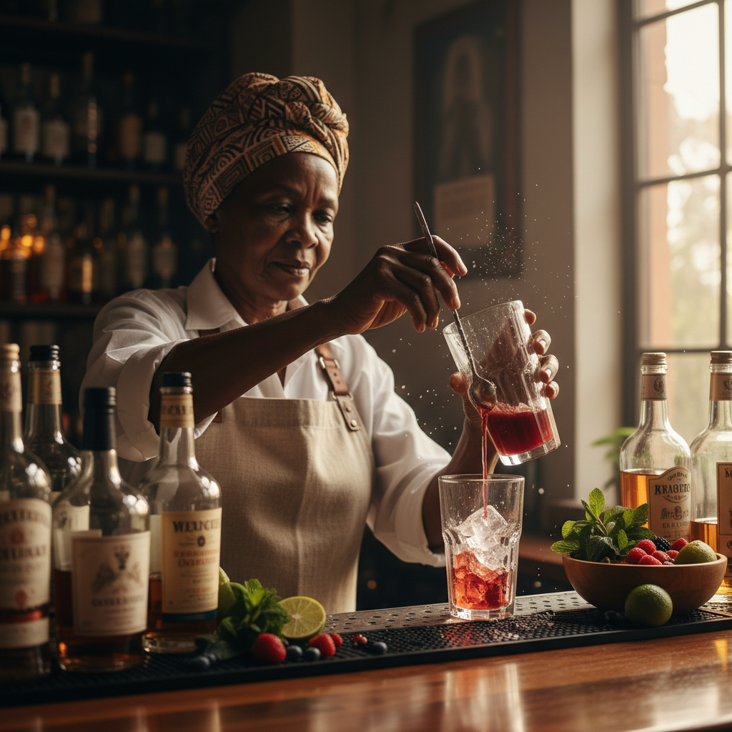 Barman africain professionnel préparant des cocktails avec des spiritueux de qualité